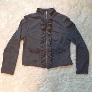 Gray Ruffle Zip Up Long Sleeve